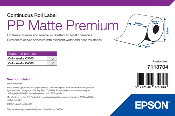 Epson PP Matte Label Premium, Rolka ciągła, 105 mm x 29 m